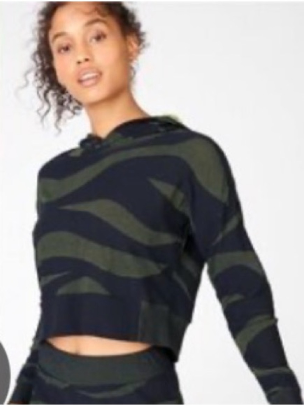 Fabletics Black and Olive Cropped Hoodie with Wave Stripe